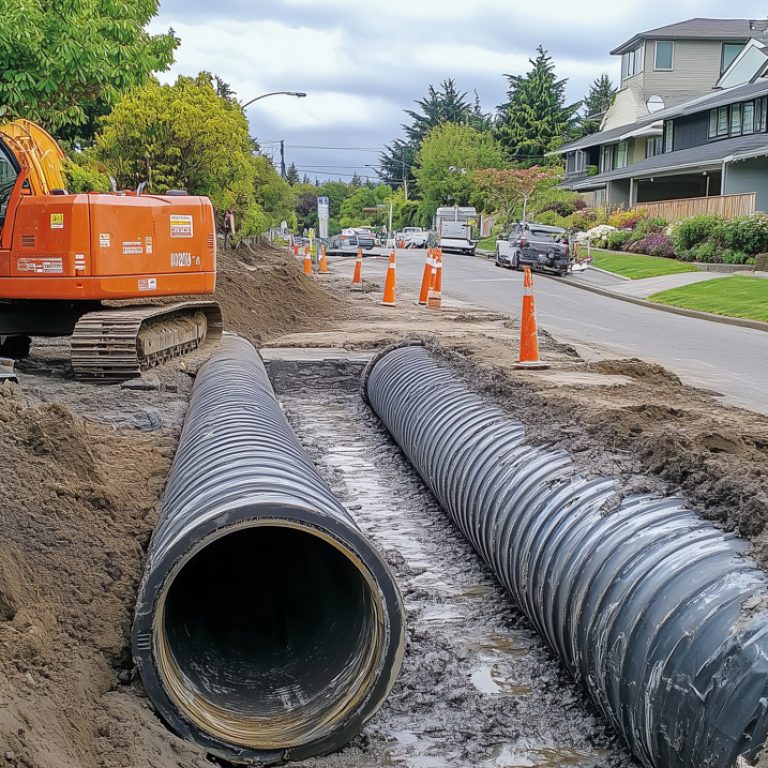 Excavator and drainage pipes at a road construction site in a su