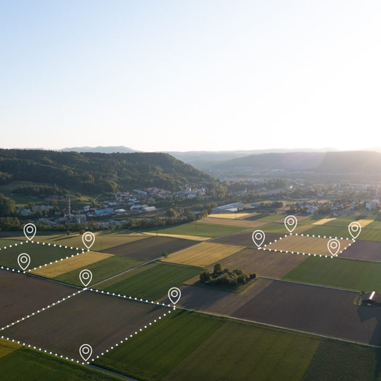 Land plot in aerial view. Gps registration survey of property, r Land plot in aerial view. Gps registration survey of property, r